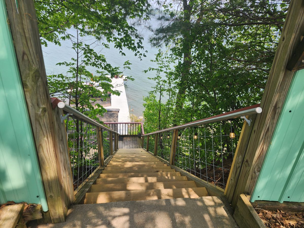 Lakeside stairs down to a dock on Cayuga Lake