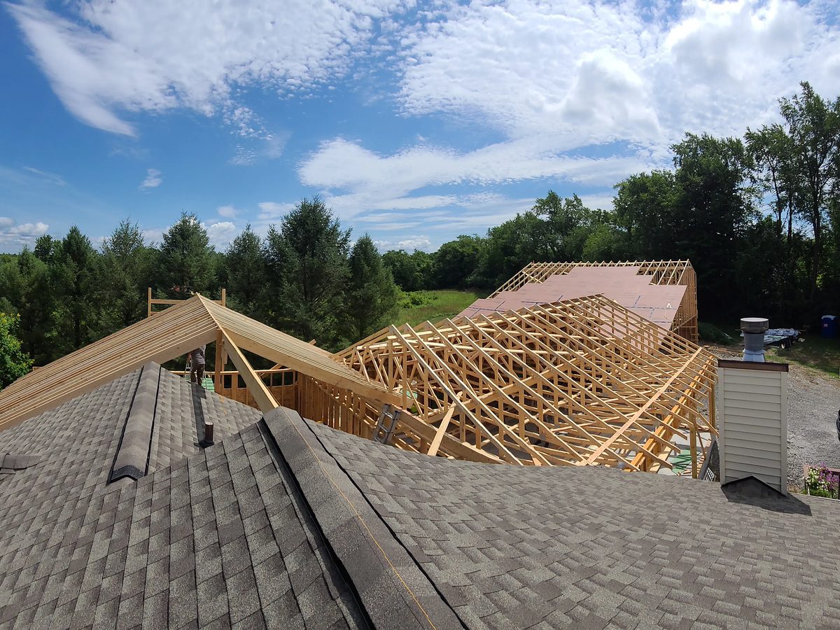 Roof truss work seen from the roof alongside